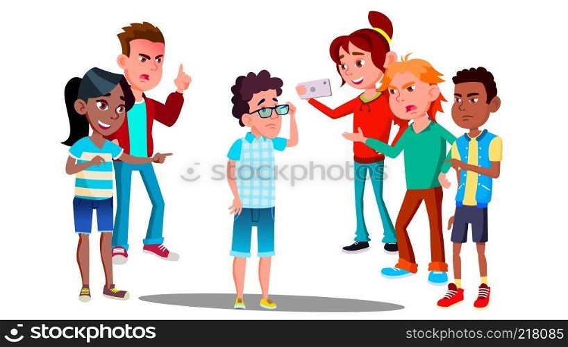 School Conflict, Sad Teenager Is Surrounded By Classmates Ridiculing Him Vector. Illustration. School Conflict, Sad Teenager Is Surrounded By Classmates Ridiculing Him Vector. Isolated Illustration