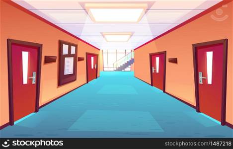 School corridor, hallway of college or university. Empty interior with closed doors, timetable board, floor-to-ceiling window, stairs perspective view. Educational campus, cartoon vector illustration. School corridor, hallway of college or university