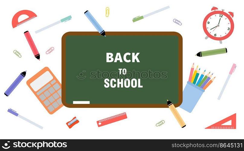 School design with chalkboard and learning materials - pencils, rulers, calculator, markers, brushes, paperclips, ballpoint pens.. School design with chalkboard and learning materials - pencils, rulers, calculator, markers, brushes, paperclips, ballpoint pens