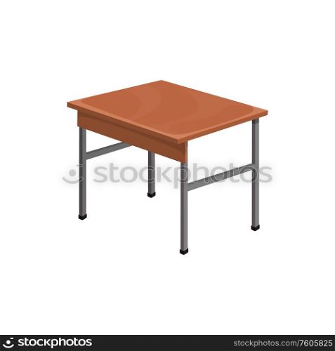 School desk isolated classroom furniture item. Vector wooden table with brown desktop. Wooden table school furniture isolated desk