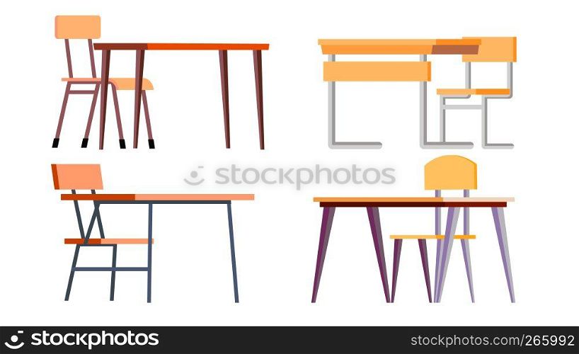 School Desk Set Vector. Chipboard, Chir. Classic Empty Wooden And Metal Furniture. Isolated Flat Cartoon Illustration. School Desk Set Vector. Chipboard, Chir. Classic Empty Wooden And Metal Furniture. Isolated Cartoon Illustration
