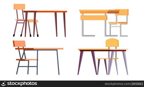 School Desk Set Vector. Chipboard, Chir. Classic Empty Wooden And Metal Furniture. Isolated Flat Cartoon Illustration. School Desk Set Vector. Chipboard, Chir. Classic Empty Wooden And Metal Furniture. Isolated Cartoon Illustration
