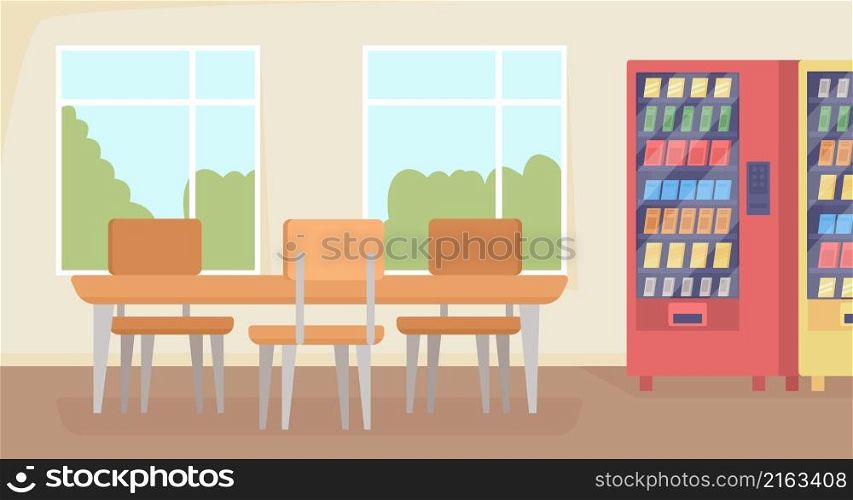School dining space flat color vector illustration. College cafeteria area. Lunch break space. Hallway with table and vending machines 2D cartoon interior with window on background. School dining space flat color vector illustration
