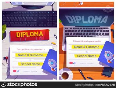 School diploma with computer desk top view. Educational certificate with laptop at student work place with coffee cup, smartphone and headphones. Cartoon vector award or graduation frame template. School diploma design with computer desk top view