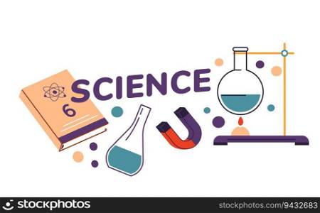 School discipline, learning science and conducting experiments. isolated flask with substances and books for students and pupils. Containers for heating, magnet. Physics and chemistry. Vector in flat. Schience discipline at school, obtaining knowledge