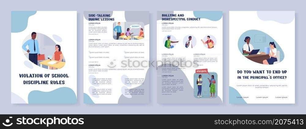 School discipline rules violation flat vector brochure template. Flyer, booklet, printable leaflet design with flat illustrations. Magazine page, cartoon reports, infographic posters with text space. School discipline rules violation flat vector brochure template