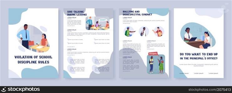 School discipline rules violation flat vector brochure template. Flyer, booklet, printable leaflet design with flat illustrations. Magazine page, cartoon reports, infographic posters with text space. School discipline rules violation flat vector brochure template