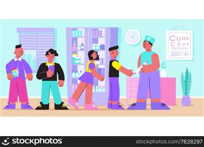School doctor office providing medical care isometric composition with holding thermometer nurse measuring pupils temperature vector illustration
