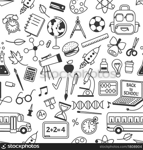 School doodles seamless pattern with school stationery. Hand drawn science, math, geography elements. Children school education vector background. Equipment and supplies for studying or learning. School doodles seamless pattern with school stationery. Hand drawn science, math, geography elements. Children school education vector background