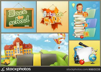 School, education and schoolchildren, set of vector backgrounds and graphic elements. Back to school. Autumn sale