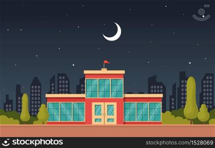 School Education Building Night Outdoor Landscape Cartoon Illustration