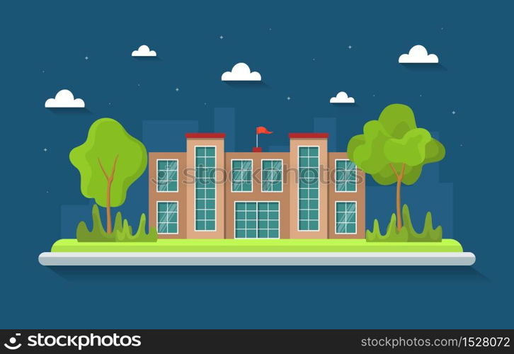 School Education Building Night Outdoor Landscape Cartoon Illustration