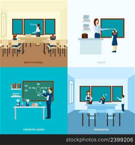 School education concept set with teacher at blackboard and children in class vector illustration. School Education Concept Set