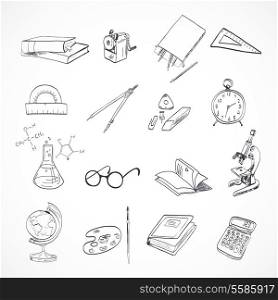 School education elements icons set with microscope drawing compasses stationery isolated vector illustration