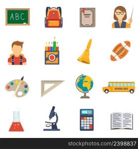 School education flat icons set with chalkboard backpack and textbook isolated vector illustration. Education Flat Set