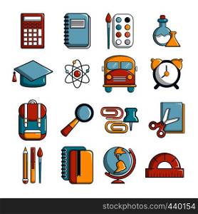 School education icons set. Cartoon illustration of 16 school education vector icons for web. School education icons set, cartoon style