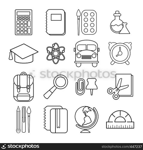 School education icons set. Outline illustration of 16 school education vector icons for web. School education icons set, outline style