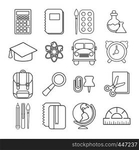 School education icons set. Outline illustration of 16 school education vector icons for web. School education icons set, outline style