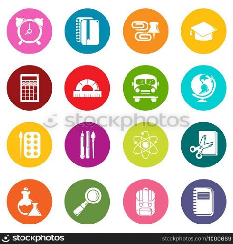 School education icons set vector colorful circles isolated on white background . School education icons set colorful circles vector