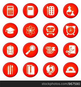 School education icons set vector red circle isolated on white background . School education icons set red vector
