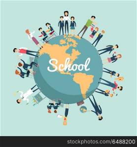 School Education in the World Concept.. School education in the world concept. Pupils and teachers holding hands around the globe on blue background. Illustrations with learning process, pupils in school uniform, teacher near blackboard.