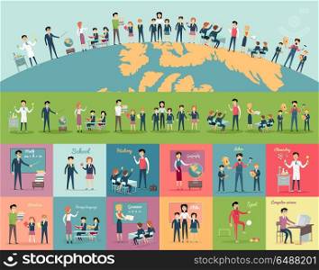 School Education in the World Concept.. School education in the world concept. Pupils and teachers holding hands around the globe. Set of illustrations with learning process, pupils in school uniform, teacher near blackboard, school subject