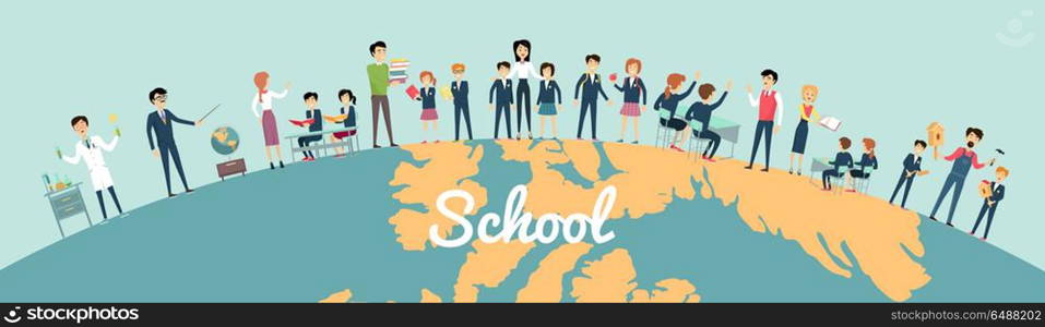 School Education in the World Concept.. School education in the world concept. Pupils and teachers holding hands around the globe on blue background. Illustrations with learning process, pupils in school uniform, teacher near blackboard.