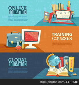 School Education Online Courses Banners Set. Global modern school education concept with training courses online 3 horizontal banners set abstract isolated vector illustration