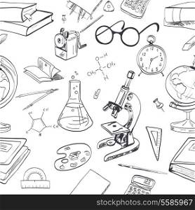 School education seamless wallpaper with microscope notebook chemical formula vector illustration