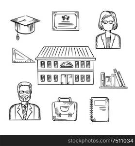 School education sketch design with a school building surrounded by icons depicting male and female teachers, books, briefcase, graduation hat, tablet, notebook and school building. Sketch vector. School and education sketch icons