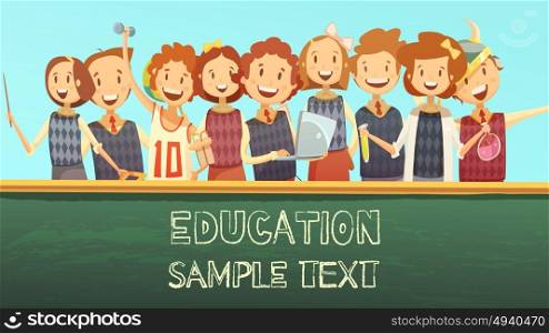 School Education Title Advertisement Cartoon Poster . Timetable title template cartoon poster for primary education elementary school with smiling kids and chalkboard vector illustration