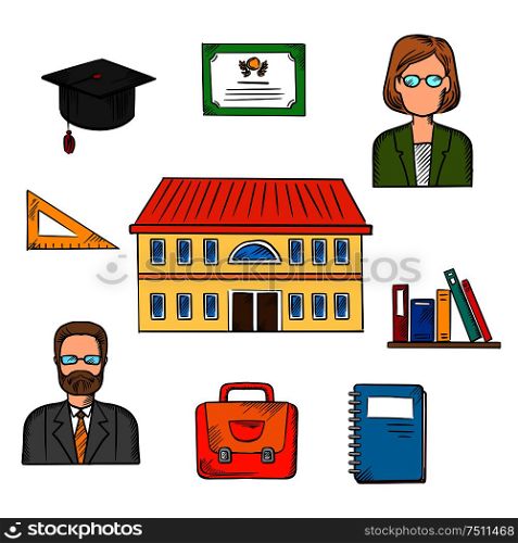 School education vector design with a school building surrounded by male and female teachers, books, briefcase, graduation hat, tablet, notebook and school building. School and education colorful objects