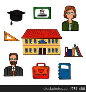 School education vector design with a school building surrounded by male and female teachers, books, briefcase, graduation hat, tablet, notebook and school building. School and education colorful objects