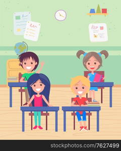 School education vector, pupils sitting by desk answering questions. Classroom with tables and chairs, globe and chest of drawers, studying kids. Back to school concept. Flat cartoon. Classroom with Pupils Sitting by Desks School