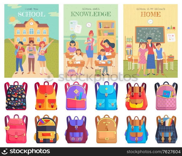 School education vector, teacher with students at lesson. Discipline learning, tutor with pupils in classroom. Bags with accessories and supplies. Back to school concept. Flat cartoon. School Building and Students , Lesson and Bags Set