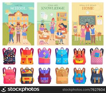School education vector, teacher with students at lesson. Discipline learning, tutor with pupils in classroom. Bags with accessories and supplies. Back to school concept. Flat cartoon. School Building and Students , Lesson and Bags Set