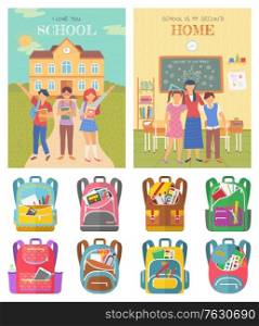 School education vector, teacher with students in classroom. Pupils with books and satchels standing by campus. Set of bags with supplies flat style. Back to school concept. Flat cartoon. Back to School, Education for Students Bags Set