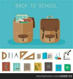 School equipment and backpacks. Back to school banner with flat icons of school equipment.