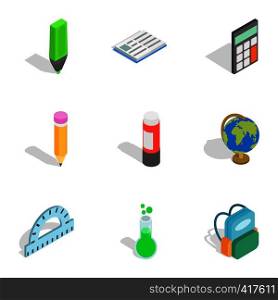 School equipment icons set. Isometric 3d illustration of 9 school equipment vector icons for web. School equipment icons, isometric 3d style