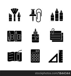 School essential equipment black glyph icons set on white space. Paint brushes. Office supplies. Pencil pouch. Glue bottle. Index card. Bookmark. Silhouette symbols. Vector isolated illustration. School essential equipment black glyph icons set on white space
