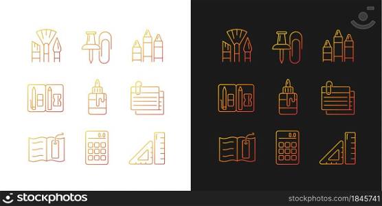 School essential equipment gradient icons set for dark and light mode. Paint brush. Office supply. Thin line contour symbols bundle. Isolated vector outline illustrations collection on black and white. School essential equipment gradient icons set for dark and light mode