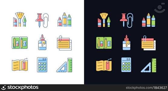 School essential equipment light and dark theme RGB color icons set. Paint brush. Office supply. Pencil pouch. Isolated vector illustrations on white and black space. Simple filled line drawings pack. School essential equipment light and dark theme RGB color icons set