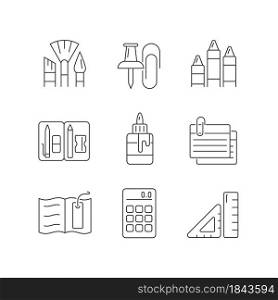 School essential equipment linear icons set. Paint brushes. Office supplies. Pencil pouch. Glue bottle. Customizable thin line contour symbols. Isolated vector outline illustrations. Editable stroke. School essential equipment linear icons set