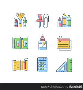 School essential equipment RGB color icons set. Paint brushes. Office supplies. Pencil pouch. Glue bottle. Index card. Bookmark. Isolated vector illustrations. Simple filled line drawings collection. School essential equipment RGB color icons set
