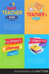 School Event Four Posters Vector Illustration. School event promotional posters consisting of 4 pictures with titles and images of supply for studying well on vector illustration