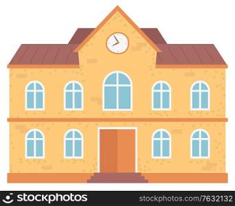 School facade closeup vector, isolated building with clock on top. Entrance of educational institution. Campus for students to learn and study flat style. Back to school concept. Flat cartoon. School Educational Institution Exterior Building