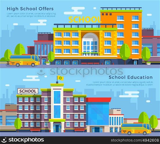 School Flat Banners. Big colorful school and high school buildings with school buses on cityscape background flat banners isolated vector, illustration