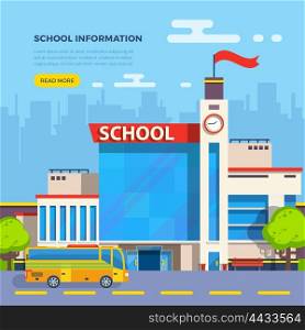 School Flat Illustration. School building and school bus on cityscape background flat vector illustration