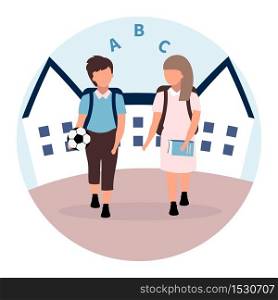 School friends flat illustration. Schoolboy and schoolgirl with backpacks cartoon characters isolated on white background. Preteen schoolchildren going home after lessons. Classmates, schoolmates