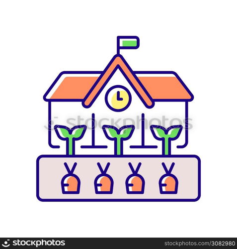 School garden RGB color icon. Farming in academy backyard. Cultivate vegetables in courtyard of preschool. Seedling and horticulture. Care for plants in yard. Isolated vector illustration. School garden RGB color icon